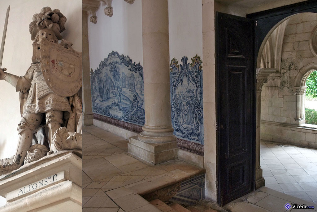 Foto esquerda: estátua de D. Afonso Henriques. Foto direita: azulejos da Sala dos Réis