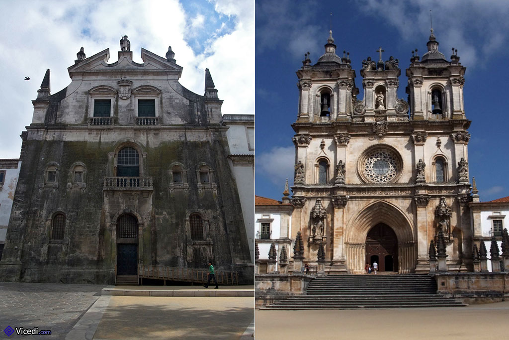 Foto esquerda: fachada do dormitório. Foto direita: fachada da igreja