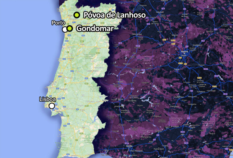 Mapa de Portugal com Gondomar e Póvoa de Lanhoso